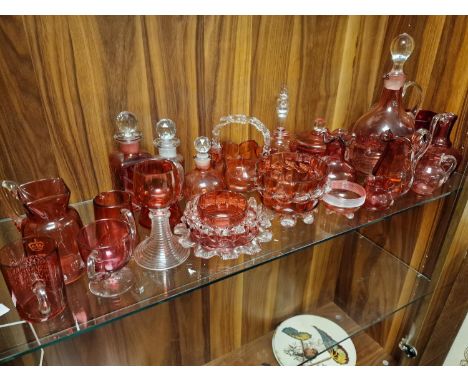 One Shelf of Vintage Cranberry and Rose Glass Vases and Jugs etc