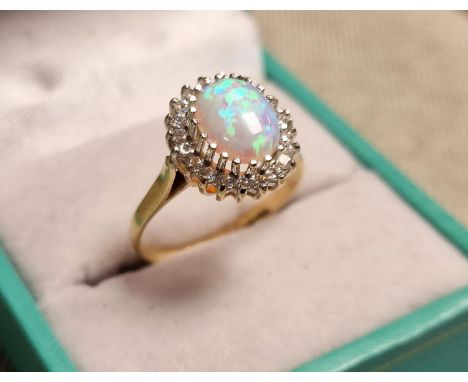 9ct Gold, Opal &amp; Diamond Dress Ring - size P, 2.7g