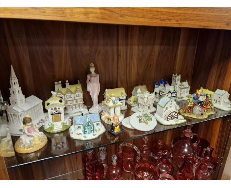 One Shelf of Various Ceramics and Pottery inc Wind in the Willows Figure + Coalport Cottages