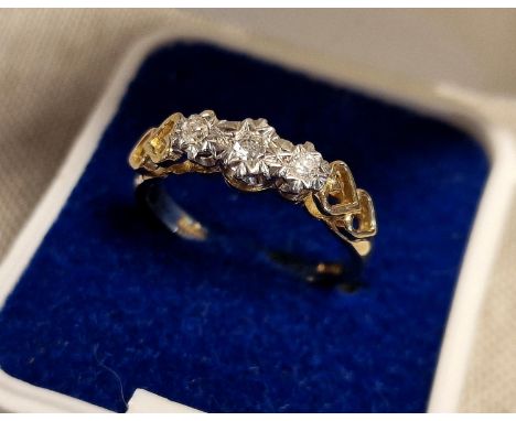 9ct Gold &amp; Three Stone Diamond Heart-Shaped Part Eternity Ring - size M, 2.1g