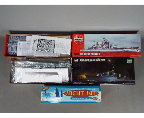 Trumpeter, Airfix, Lagoon - Two boxed plastic model ships with a lagoon Wooden Yacht Kit. The lot includes Trumpeter #05332 1