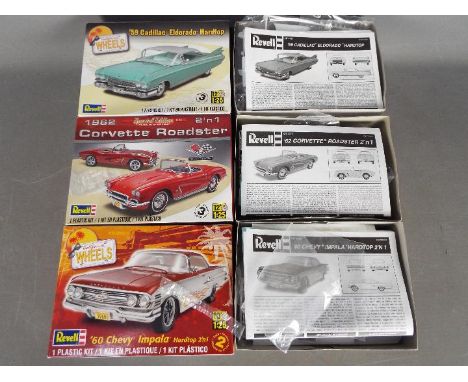 Revell - Three boxed 1:25 scale plastic car model kits. Lot includes '60 Chevy Impala Hardtop; Special Edition 1962 Corvette 