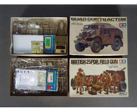 Tamiya - Two boxed 1:35 scale plastic military model kits by Tamiya. Lot includes #145 Quad Gun Tractor; together with #146 B