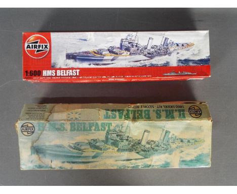 Airfix - Two boxed plastic model kits in 1:600 scale of HMS Belfast by Airfix. Lot includes a vintage #4212-3 Series 4 kit wi