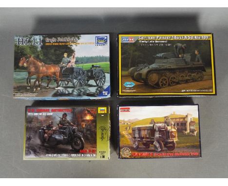 Four Boxed plastic model kits. Lot includes -  Zvezda R-12 German Motorcycle with sidecar and crew scale 1:35 ; Roden Fwd Mod