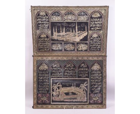 A PAIR OF TURKISH OTTOMAN EMBROIDERED TEXTILE PANELS OF MECCA AND MADINA, with an ariel view of the Holy Mecca and the Mosque