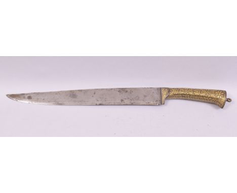 A 19TH CENTURY INDIAN KOFTGARI DAGGER WITH GOLD DAMASCENED HILT, the steel blade 32cm long, the handle inlaid with gold flora