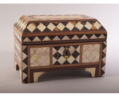 A TURKISH OTTOMAN ISLAMIC INLAID WRITING BOX, the box inlaid with mother of pearl and tortoiseshell, the hinged lid opening t