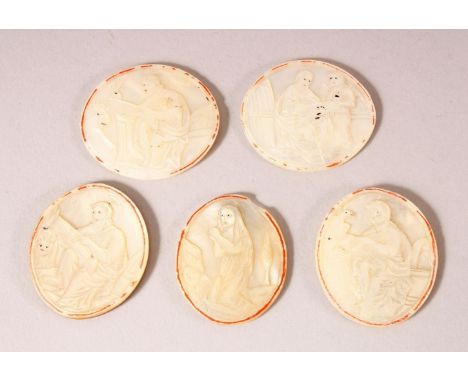 FIVE SMALL 18TH/19TH CENTURY JERUSALEM CARVED MOTHER OF PEARL OVAL PANELS, each depicting figures carrying out various tasks,