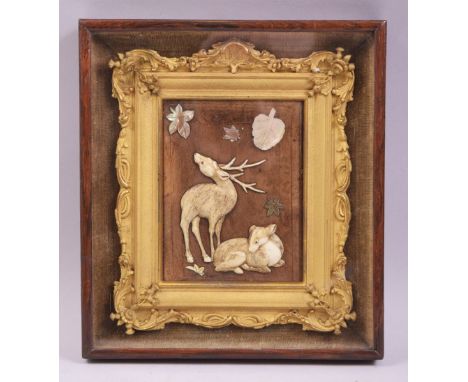 A FINE JAPANESE SMALL GILT FRAMED SHIBIYAMA PICTURE, depicting two deer and mother of pearl leaves, mounted in a decorative g