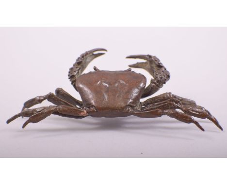 A JAPANESE BRONZE MODEL OF A CRAB, mark underside, 13cm long.