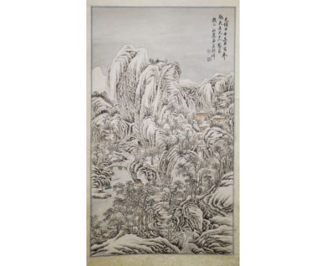 A GOOD CHINESE SCROLL PAINTING OF A MOUNTAINOUS LANDSCAPE, with a bridge over a river, trees and buildings beyond, the top ri