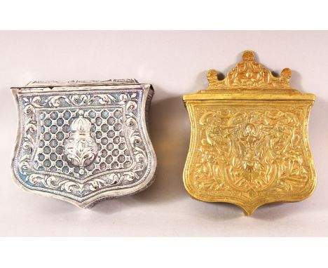 TWO 19TH CENTURY TURKISH OTTOMAN CARTRIDGE CASES, the bronze with moulded figures, 13cm high, the white metal with moulded cr