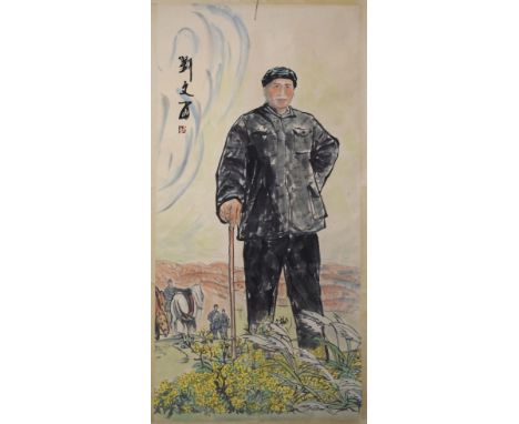 A CHINESE SCROLL PAINTING OF A MALE FIGURE standing in a field, overall 192cm x 78cm.