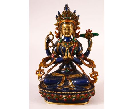 A FINE EARLY 20TH CENTURY THAI / TIBETAN ENAMELLED BRASS BUDDHA, with enamel decoration, 20cm high.