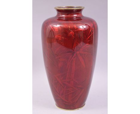 A JAPANESE GINBARI CLOISONNE VASE, possibly Ando, the foil with transparent red enamel overlay over a bamboo ground with a bi