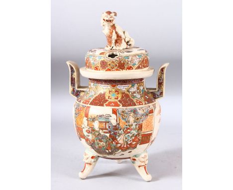 A JAPANESE SATSUMA TWIN HANDLE TRIPOD KORO AND COVER, the bowl painted with figures, the cover with moulded kylin finial, sup