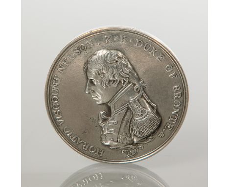 WHITE METAL COMMEMORATIVE TRAFALGAR 1805 MEDALLION
inscribed 'Horatio Viscount Nelson, K.B. Duke of Bronte' and 'England expe