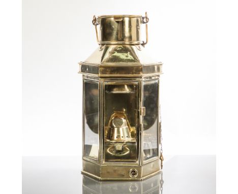 BULPITT BRASS SHIP'S BULK HEAD OIL LAMP 
with three glass panels and a wooden mounted swing handle, 40cm high 