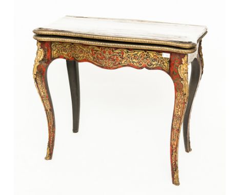 19TH CENTURY BOULLE TURNOVER CARD TABLE 
top inlaid with a goat surrounded by engraved brass strapwork on a ground of red sta