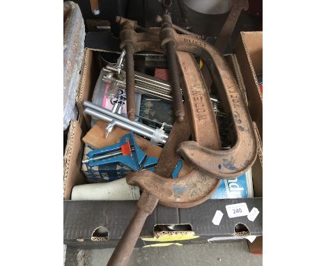Box of tools including large G clamps 