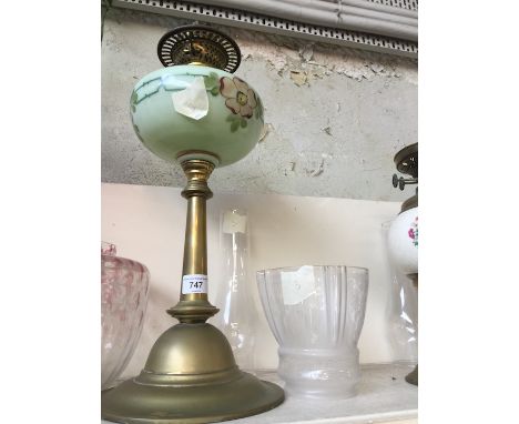 Brass and green glass oil lamp with funnel and etched shade 