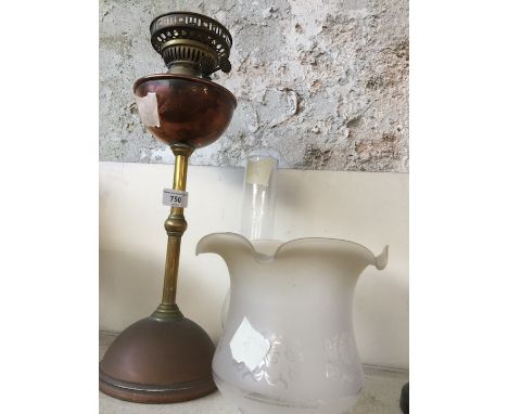 Brass and copper oil lamp with funnel and wavy edge shade 