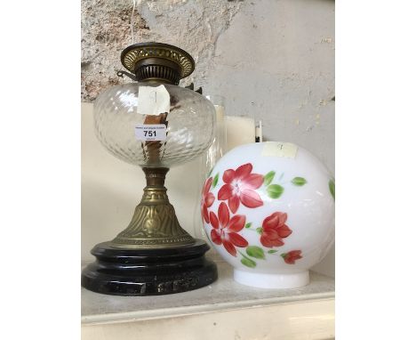 Brass and glass oilp lamp with funnel and floral glass shade 
