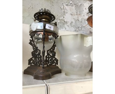 Metal tripod oil lamp with etched shade and funnel 