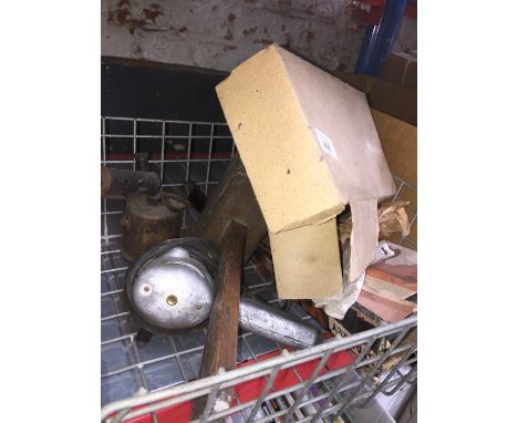 A box of tools to include wood mallet, blowtorch, electric drill, etc 