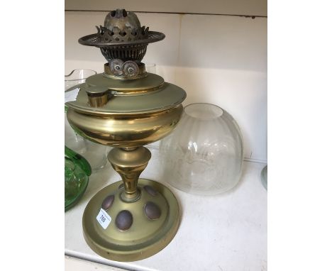 Brass oil lamp with funnel and etched shade 