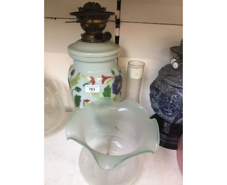 Green coloured glass oil lamp with funnel and wavy edge shadeCondition: no signs of any damage or repairs, minor wear to deco