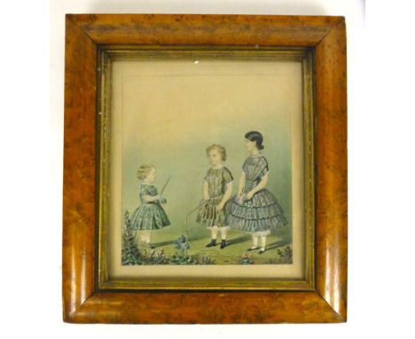 Late 19th/early 20th Century School,a naive study of three girls playing,watercolour,28 x 25 cm CONDITION REPORT: Poorly fram