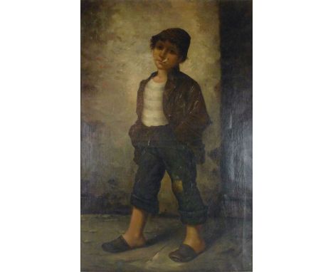 Early 20th Century School,a full length portrait of a boy smoking,oil on canvas,81 x 49 cm CONDITION REPORT: Heavy restoratio