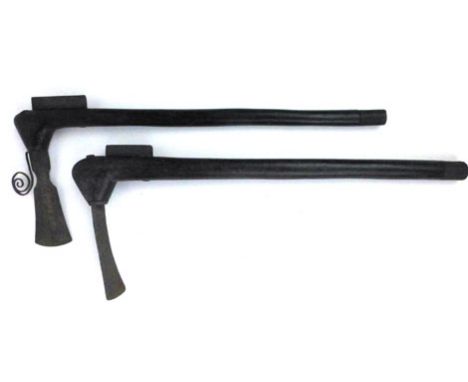 A Tribal axe having hardwood shaft and a hammered metal blade, together with a similar pick axe, length 52cm (2)