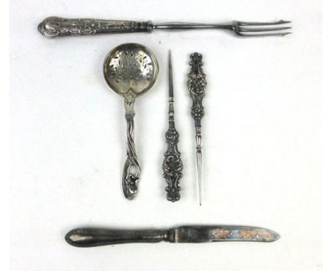 A parcel of silver hallmarked and white metal items to include a long handled fork, butter knife, sifting spoon and two embos