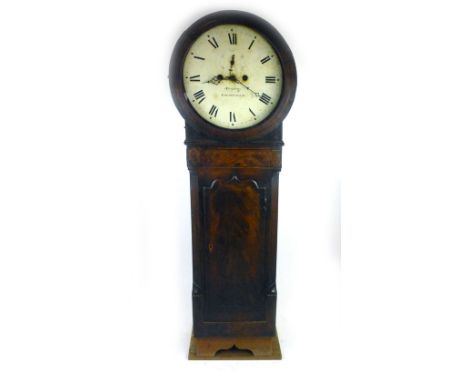 A late 18th century mahogany and ebony line inlaid wall clock, the enameled face with Roman numerals, pierced hands and a sec