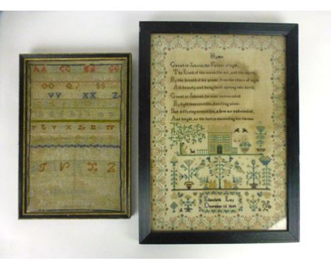 Elizabeth Ley,'Great is Jehovah, the Father of Light...',dated December 16 1849,sampler,40 x 28 cm,together with another samp