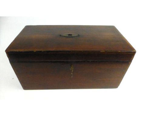 A Georgian mahogany, tulipwood and boxwood crossbanded tea caddy with two caddy compartments and mixing bowl inside, h. 15 cm