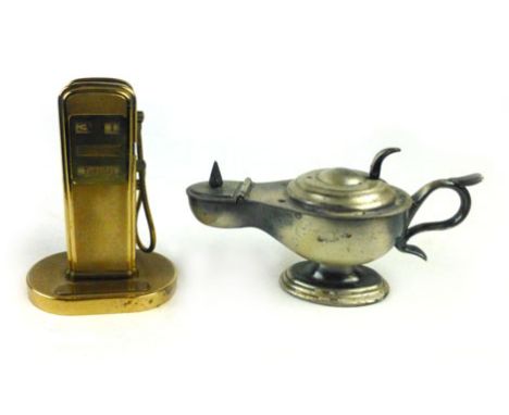 A brass effect desk calendar in the form of a petrol pump, together with a table lighter in the form of a lamp (2) CONDITION 