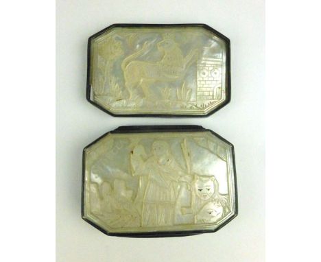 A mother of pearl and white metal snuff box, one side depicting St. Thecla with lion, the other with a crowned lion leaning o