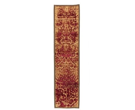 A&nbsp; 17th century panel, Italian
Of cream silk and red cisele velvet designed with bold scrolling leaves and exotic fruit,
