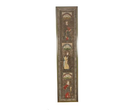 A 15th century Orphrey panel designed with three saints
Depicting a man with a book and fleur de lys, Zenobus, a man with his