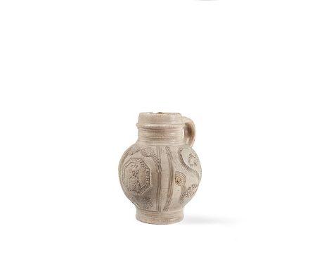 A Westerwald salt-glazed stoneware jug, circa 1685
With a portrait of Queen Mary, 14cm high.


