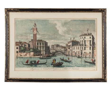 Venice, a pair of coloured engravings
each 27cm x 43cm, framed, together with a print ‘View of the Great Arsenal at Venice 17