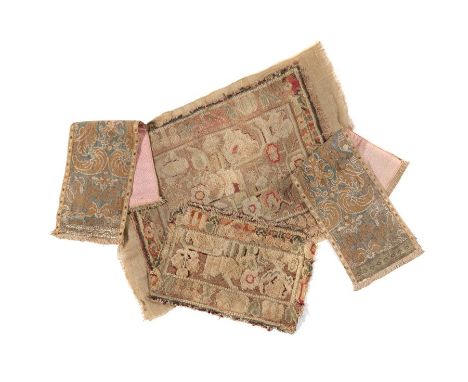 A pair of wool pile panels 
Worked in pale blue, light brown and cream with a design of Pan, a sphinx, a winged lion and scro