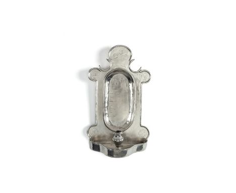 A pair of French pewter wall sconces, 20th century
Each with shaped back plate and single light in a drip tray, decorated wit