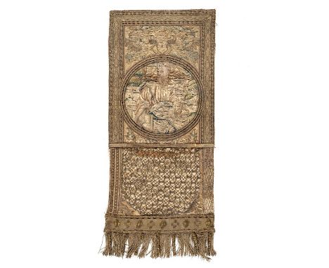  A 16th century Orphrey panel 
Designed with a roundel of St. Matthew holding a book and axe woven in blue and green silks an
