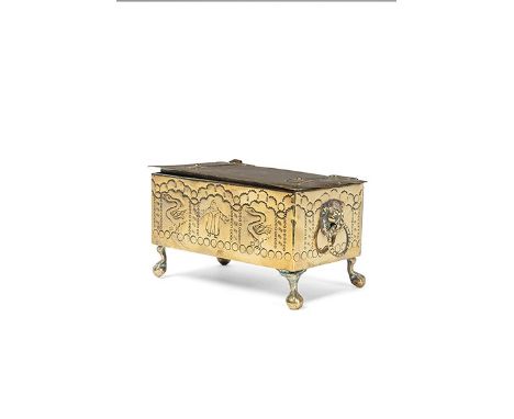 A pair of tall George III brass candlesticks
Each 26.5cm high, together with a small brass box engraved with birds and figure