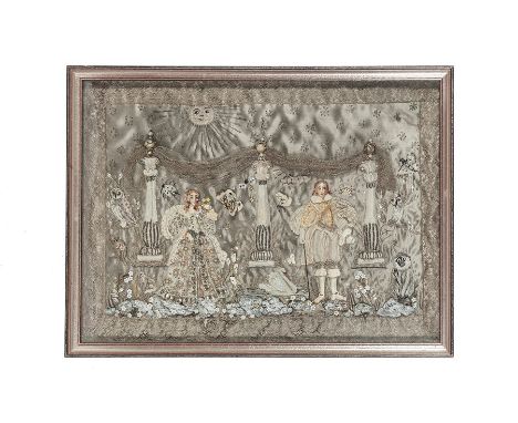 A mid 20th century embroidered picture in the manner of Stuart raised work by Leonora Jenner,&nbsp;circa 1940, English 
The s